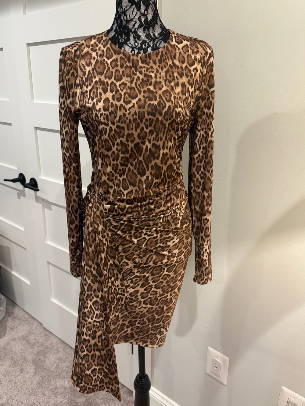 Wayf Leopard Print Long-Sleeve Ruched Dress - Brown